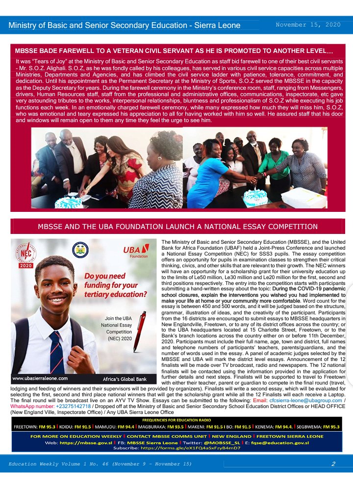 MBSSE Education Weekly for the week of November 9-15 2020 featuring the MBSSE/UBAF National Essay Competition, ToT for the Annual School Census, TSC awards Minister Sengeh an appreciation plaque and more...