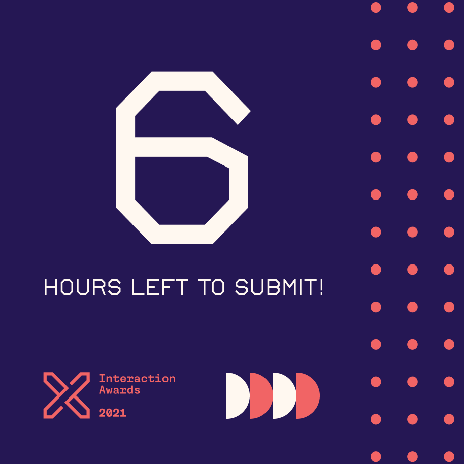 IxDAwards's tweet photo. 6 hours left to submit! You still have time to put together a last minute piece to submit! :) #InteractionAwards #ixd #ux #design https://t.co/hNlPhs4hY0