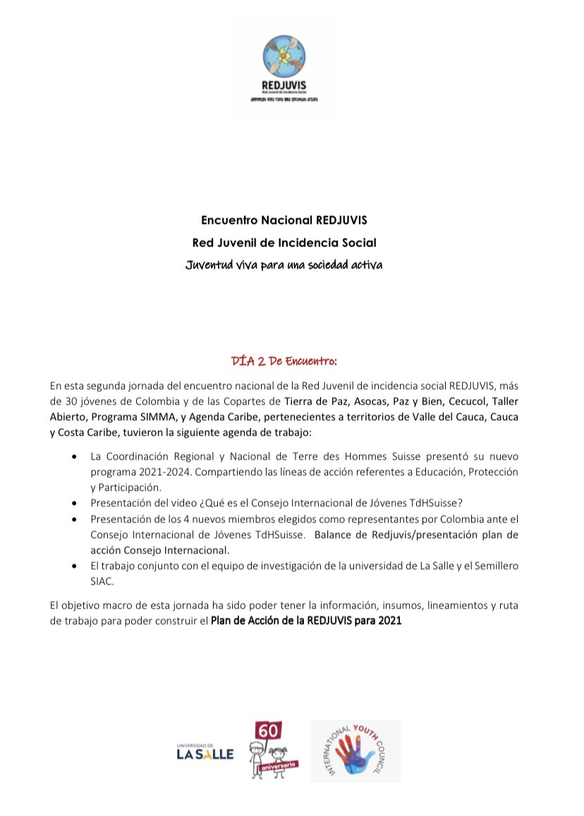 TdHSColombia's tweet photo. Este es nuestro resumen técnico de nuestra 2da Jornada de Encuentro Nacional #REDJUVIS #VocesPorElCambio #TdHSuisse #TierraDePaz #Asocas #Asoafro #Cecucol #AgendaCaribe #TallerAbierto #PazYBien #SIMMA #USalle https://t.co/xufPOqEU6Y