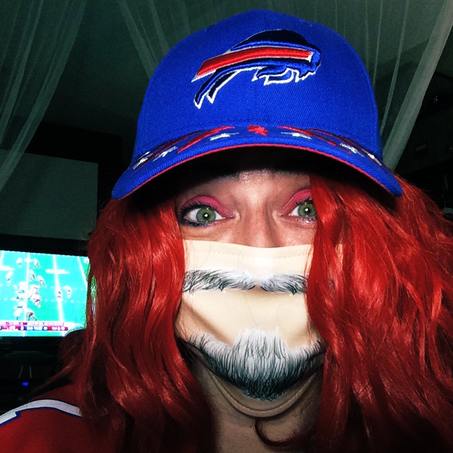 MsAFromBK's tweet photo. @TerryBdattd Hahaha ... that was a 1st quarter of the season fad... Iβm over it... Iβm back to my irregular red self ... By the way... do you like my new mask? πππ #StacheAllen ππΌ GO BILLS!!! π― https://t.co/o5hUqmobAN