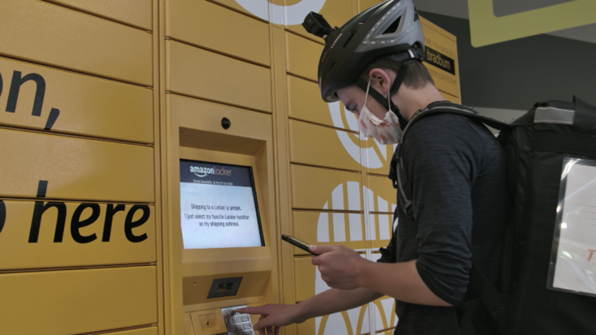 Teen Hustlr picking up an Amazon Package at an Amazon Locker for personal package delivery when the customer is home for greater convenience, zero carbon footprint delivery, and eliminates package theft by porch pirates.