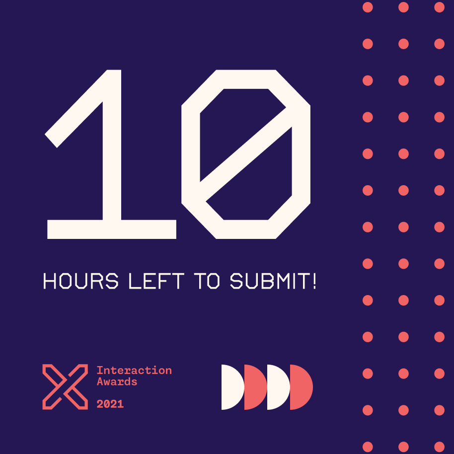 IxDAwards's tweet photo. We are getting near to closing our submission for the #InteractionAwards! So we thought it would be fun to do a countdown and cheer people on who are working on their submissions! Join us in counting down! Only 10 hours left! Let's gooo! #InteractionAwards #ixd #ux #design https://t.co/EVvvKQX3aR