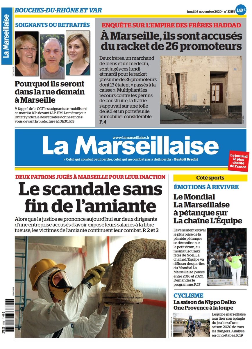 LeoPurguette's tweet photo. #ÀlaUne de La Marseillaise du 16 novembre 2020 #soignants #retraités #manifestation #Enquête #Habitat #BalanceTonTaudis #Amiante #Santé #MLM2020 #Pétanque #Delko
En kiosques et sur https://t.co/v33E8KieoH https://t.co/hQLn23zi3G