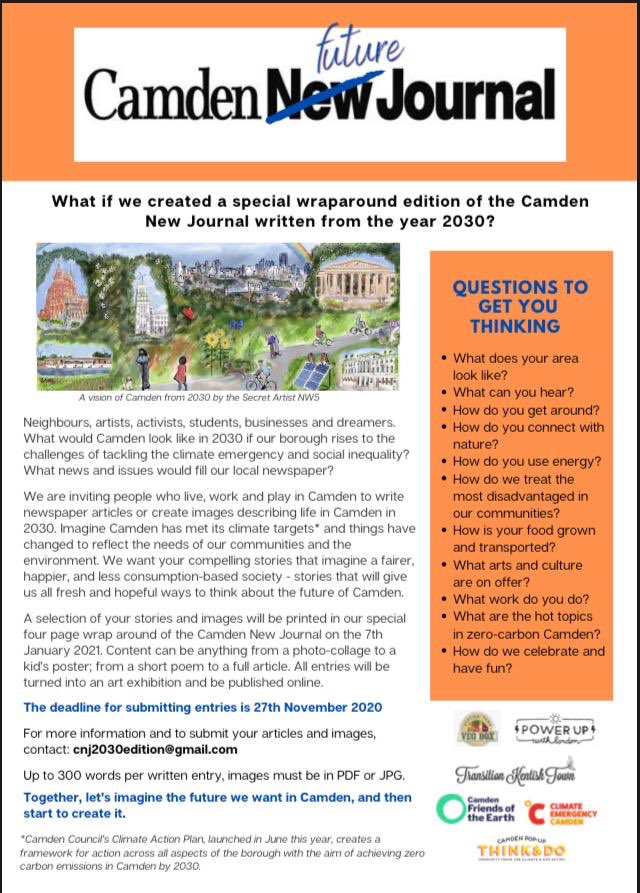 ThinkDoCamden's tweet photo. Just under TWO weeks until the deadline to enter an article, advert, picture, poem, joke to the Camden Future Journal 😬 send your vision of Camden in 2030 to cnj2030edition@gmail.com ! If you need some help with your ideas then let us know so we can talk it though! https://t.co/DmpeDp3NgG