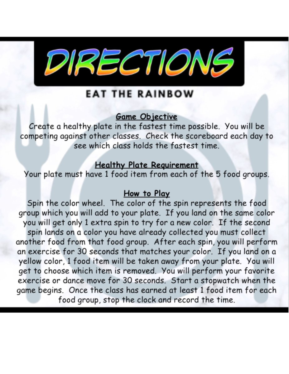 MrsWardPE's tweet photo. Activity 1 of lesson 1 to a mini nutrition unit-Build MyPlate.  Thanks to @eatplants2move  and to the person who created the "pick-a-color" fitness activity. Seeing so many great creations has me thinking outside of my own box.  Activity found here: https://t.co/FPhRO4sSug https://t.co/cr9Sb47mtp