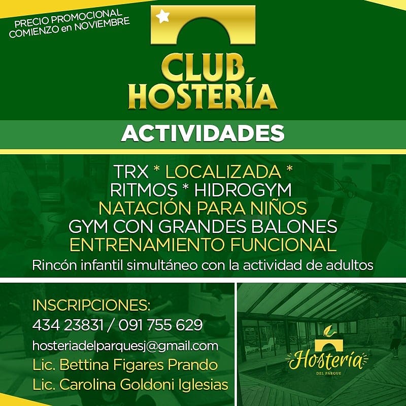EduardoRapetti's tweet photo. En @HosteriaParque 
se destaca el
el programa a cargo de 
#CarolinaGoldoni
#BettinaFigares
#TRX #LOCALIZADA
#RITMOS #HIDROGYM
Natación para niños
#GYM con grandes balones 
Entrenamiento Funcional 
Rincón infantil
+ YOGA 
Inscripciones
TEL 091 755 629 https://t.co/mRtoU8dC7F