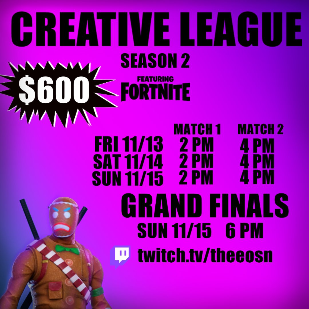 TheEOSN's tweet photo. We are LIVE!!!!
DAY 3 of our #CreativeLeague feat. @FortniteGame!
Stop by for some competitive #FortniteCreative!
Grand Finals start at 6pm PST!
https://t.co/gSYsOUoqX7
#Fortnite #FortniteCompetitive https://t.co/AIojTawZnP