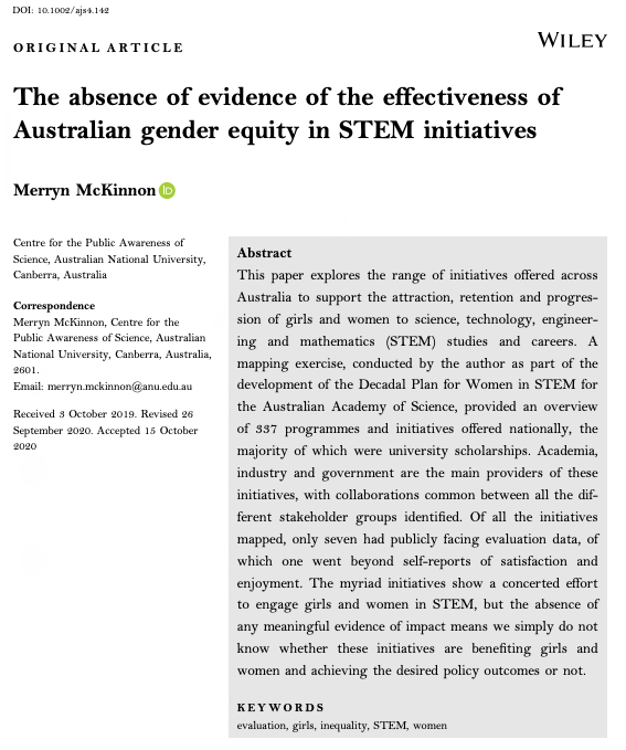 How do you know what you're doing works if you don't measure it?A broad analysis of gender equity initiatives in Australia published this morning has identified how little critical evaluation of program success is performed within the STEM equity sector.