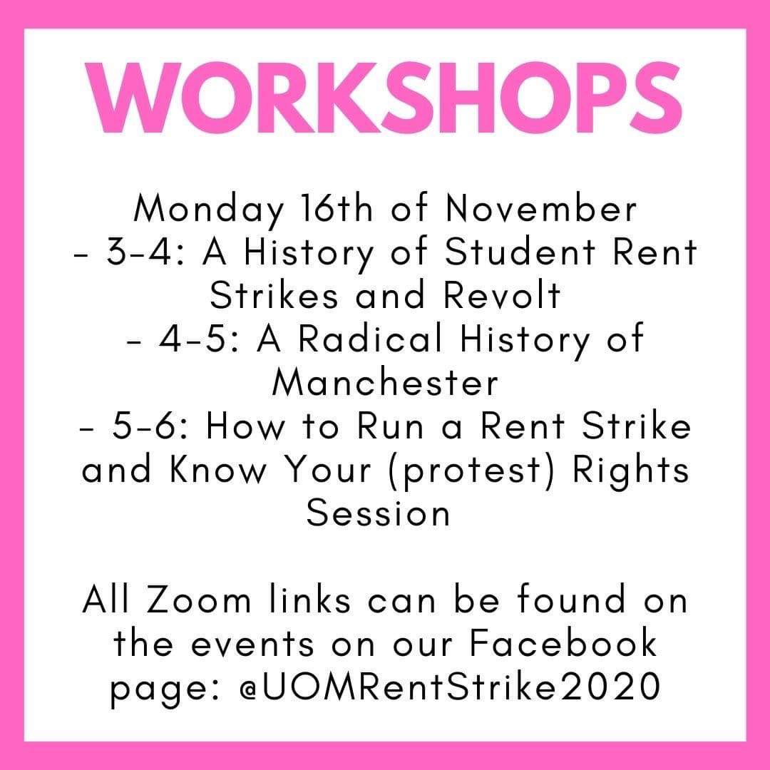 9k4what's tweet photo. Make sure you don’t miss these Zoom workshops out on by the Manchester Rent Strike! Links for the workshops are on their Facebook page! Also check out their Twitter @rentstrikeUoM ✊✊ https://t.co/dbKW253Pka