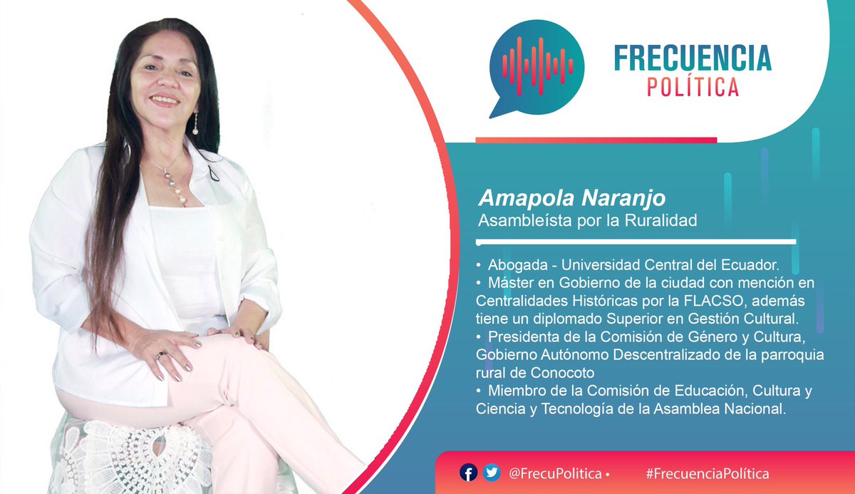 FrecuPolitica's tweet photo. 📌 #REPRISSE | Esta noche en #FrecuenciaPolítica mantendremos un diálogo con la Asambleísta Amapola Naranjo, sobre el proceso de juicio político a la ministra María Paula Romo.
⏰ 21:30
💻 https://t.co/rbkEyKveMV https://t.co/e1XDBhwmR6