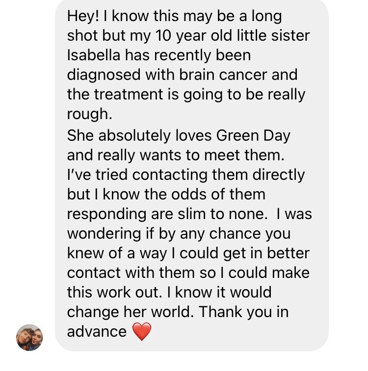 RAtheRuggedMan's tweet photo. Hey Twitter !! I just got this message from the daughter of a very close (deceased) friend of mine. I don’t know ⁦@GreenDay⁩ personally so every body please let’s try to hit them up and see if we make it happen. 🙏🏻❤️ https://t.co/jKVINmxDPW