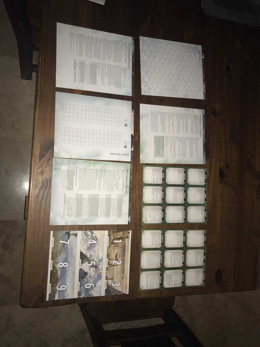 We also get 5 glossy double sided pages. Wilderness Chases, double sided hex map, Actions in Combat, Wilderness Journey rules, Supply Tracker. Some of these have the hex map on the flip side.