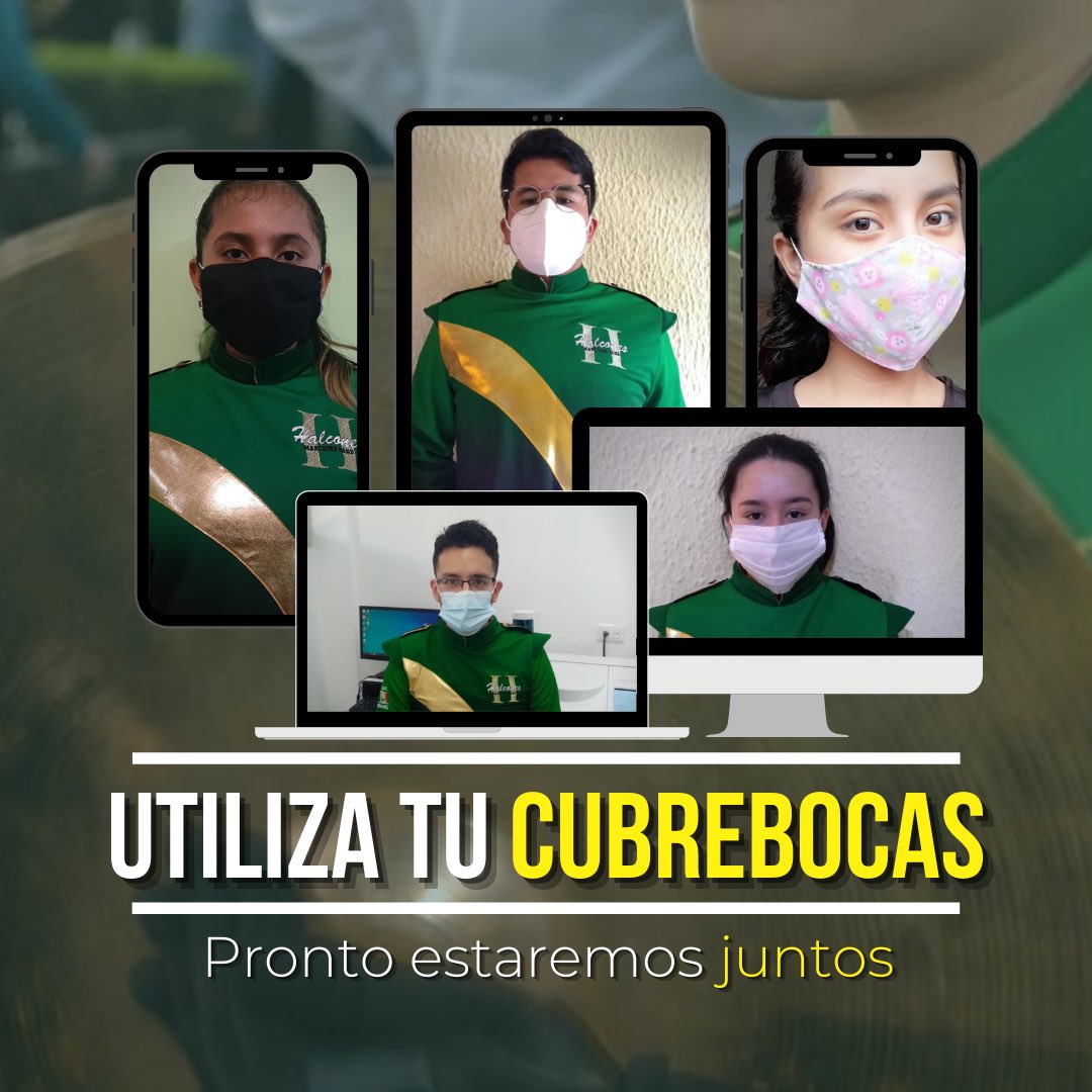 Halconesmbmex's tweet photo. No bajemos la guardia, continúa usando tu cubrebocas y tomando todas las medidas de seguridad. 😷🧼🚿
Nosotros podemos reducir el número de contagios, cuídate y cuida a tus seres queridos 💛

#OrgulloHalcón #Xalapa #MarchingBand #ColorGuard #mexico https://t.co/8dd3hI44UZ