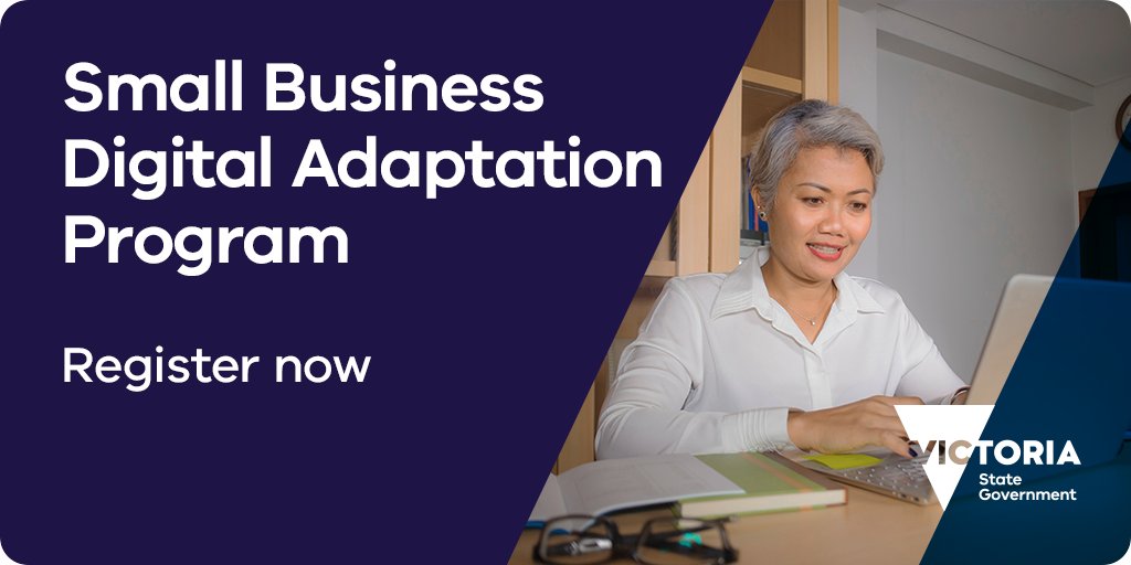 businessvic's tweet photo. Registrations are now open for the Small Business Digital Adaptation Program.
This program helps Victorian businesses to build digital capability in their day-to-day operations. Find out more. 💻 ➡️ https://t.co/pO054CPF4o https://t.co/6Bh2mxk1nK