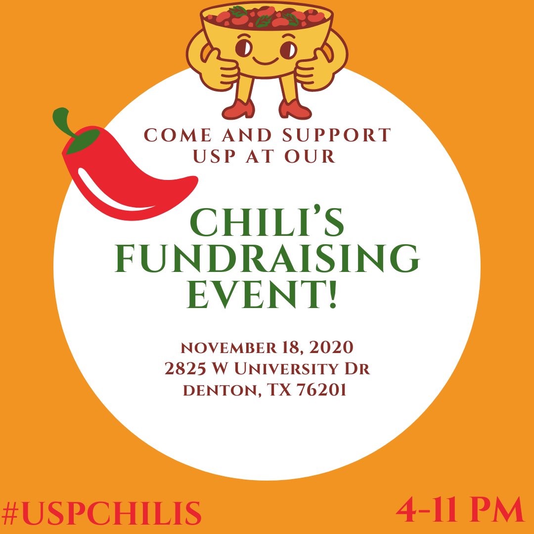 UNTStorybook's tweet photo. Join us this upcoming Wednesday at Chili’s! You can choose to either dine in or take out. If you are going to take pictures at the event, make sure to hashtag #USPChilis so that we can share them on our platforms! 

#uspchilis #untstorybook #untsocialwork #unt #wsp https://t.co/l93DpKqJGJ