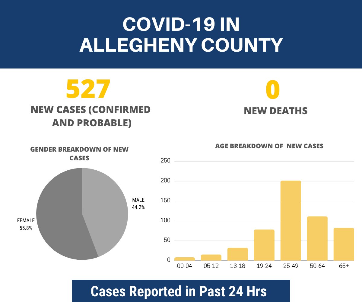 HealthAllegheny's tweet photo. The Health Department is releasing a Sunday daily report as new cases have reached an all-time high of 527. Cases ranged in age from 3 months to 104 years with a median age of 40 years. Today’s report caps off a week where numbers ranged from 317 to today’s 527 new cases. https://t.co/tDR7g4s6oU
