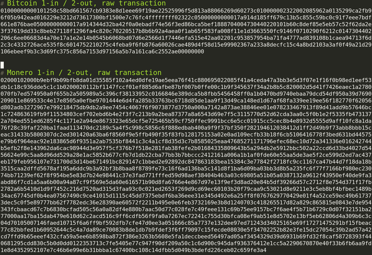 Visualization (through raw hex data) of Bitcoin versus Monero transaction  size : r/Monero