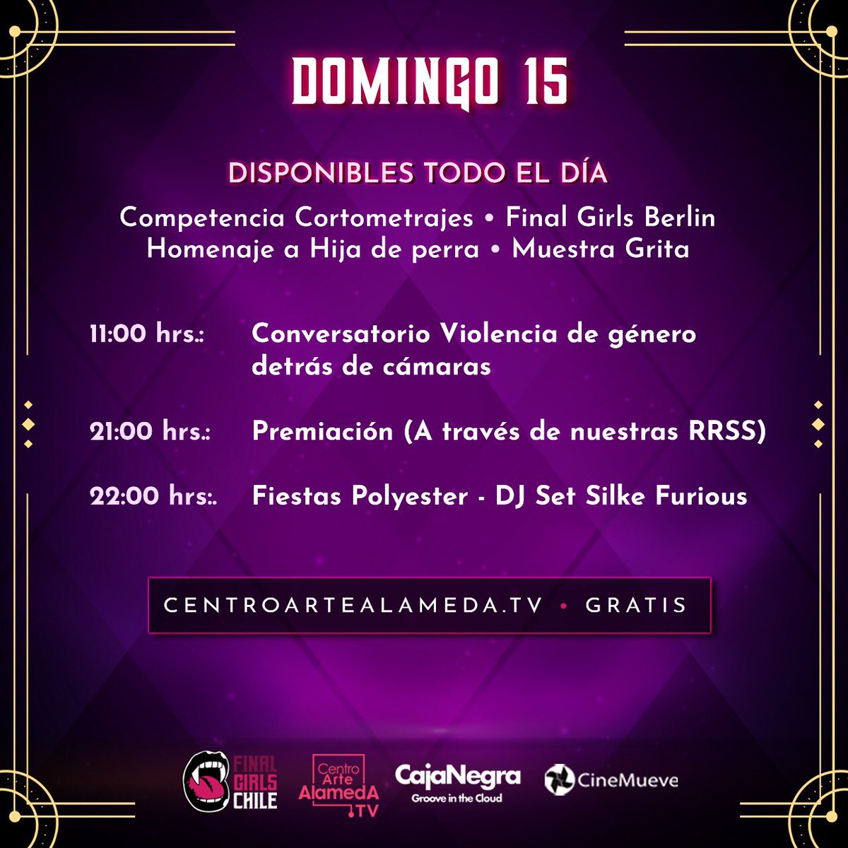 FinalGirlsChile's tweet photo. Despedimos nuestra 1era edición de #FinalGirlsChile✨ con la última chance de ver la programación del multiverso y con un DJ Set List a cargo de @Silke.Furious de #FiestasPolyester ⚡️
Sintoniza https://t.co/5svvrRfVa2 y bailemos en el underground💫
#CineMueve #Grita #NewBeats https://t.co/ZOAbgHD9DC