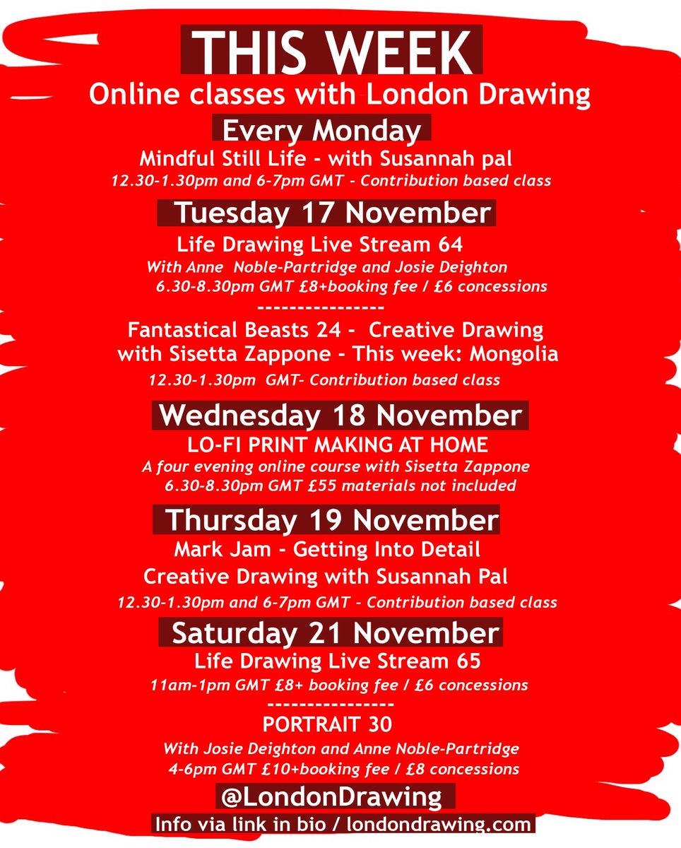 LondonDrawing's tweet photo. ⭐️This week at London Drawing!!⭐️
All classes are online via Zoom- take a look at whats on here:
https://t.co/fWcAJAVXlM
-
#onlineclasses #artclass #artclassonline #lifedrawing #performance #stilllife #portrait #onlineart #markmaking #markjam #printmaking @GreatArt_UK https://t.co/qsfdq7bCDU