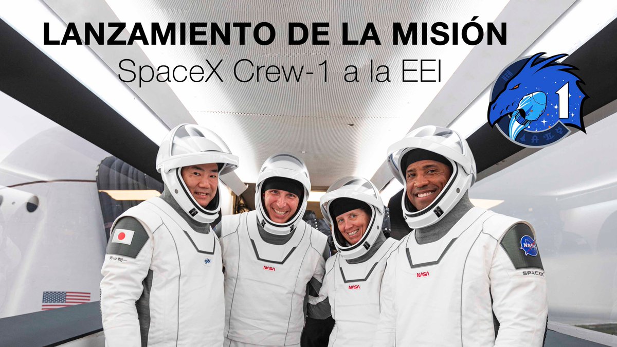 Hoy histórico lanzamiento de la misión SpaceX Crew-1 a la #EEI
Michael S. Hopkins comandante @AstroIllini 
Victor J. Glover (piloto)
Soichi Noguchi (Especialista 1) @Astro_Soichi 
Shannon Walker (Especialista 2)
#Astronomia #Cosmos #ISS #15Nov
@SpaceX @NASA #Universo