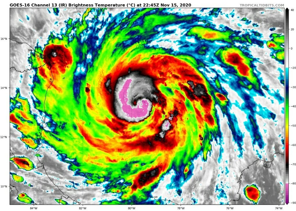 SimonStormRider's tweet photo. Hurricane #Iota possibly ramping toward CAT 4/5 intensity &amp; moving toward similar landfall location as Eta before! Again, outside coast affects from heavy rainfall will be horrific; same communities still reeling from Eta 2 weeks ago. https://t.co/d6KDFPHGWF
