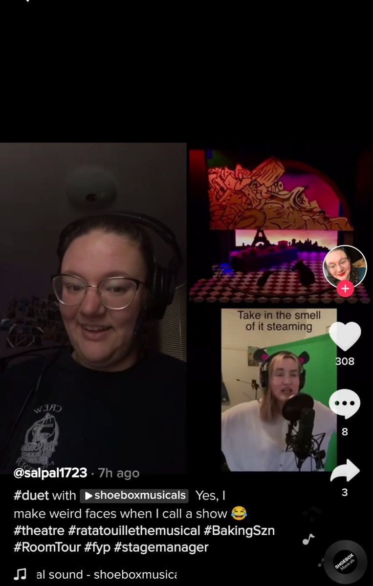 It goes beyond just a crowdsourced musical. User salpal1723 (on the left) is a professional stage manager looking for work, and on this video she's calling out stage cues. She says this is her formal application for Tiktok's Ratatouille musical. https://vm.tiktok.com/ZMJxrHBGS/ 