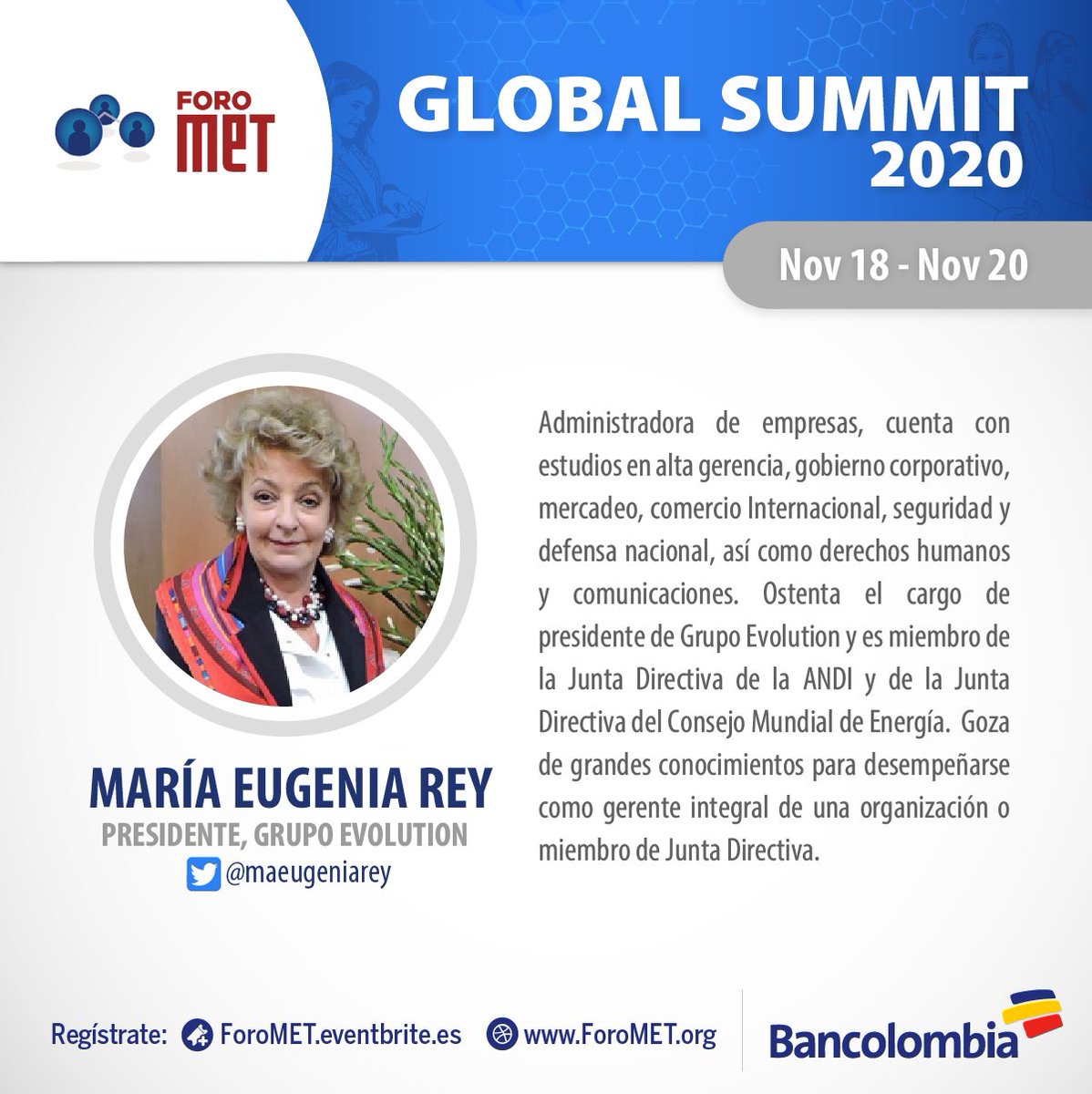 METcommunity's tweet photo. Y tú ¿ya te inscribiste al #ForoMET Global Summit 2020? 
Hazlo completamente GRATIS en 🆓https://t.co/ynJaOOObyU

Conoce los logros de algunos de nuestros ponentes 👇🏽👇🏽
✔️@ximenagonzoliu 
✔️@juanegarzon 
✔️@lilyshen 
✔️@maeugeniarey https://t.co/JaXuSIoOEy