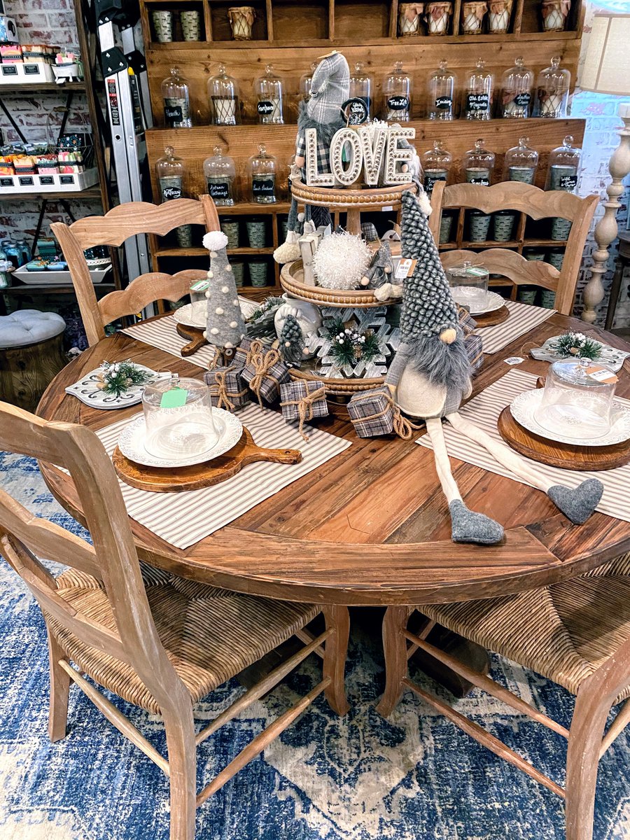 Get this gorgoeous dining table in time for Christmas dinner! Shop for more fabulous furniture @mjrockwall. mintjulepdecor.com #mintjuleprockwall #mjrockwall #diningtable #rounddiningtable #gnomes