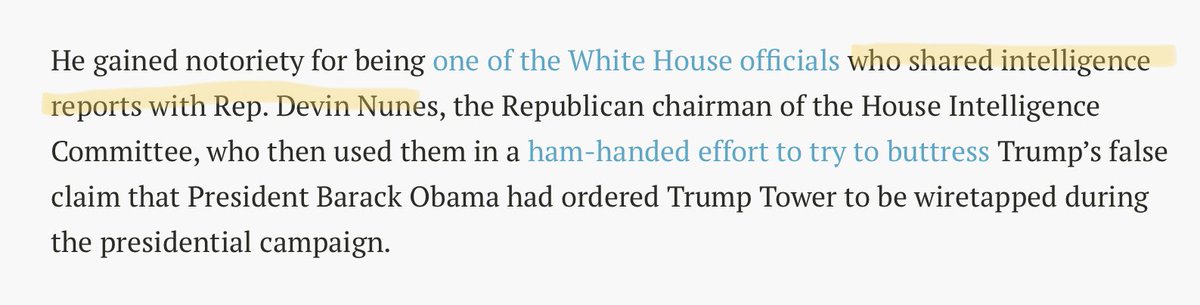Because of this loyalty to Trump and his backers Kush and Bannon, ECW stuck around at the WH long enough to help provide Devin Nunes with classified information to back up the ridiculous wiretap/unmasking op: @DevinCow