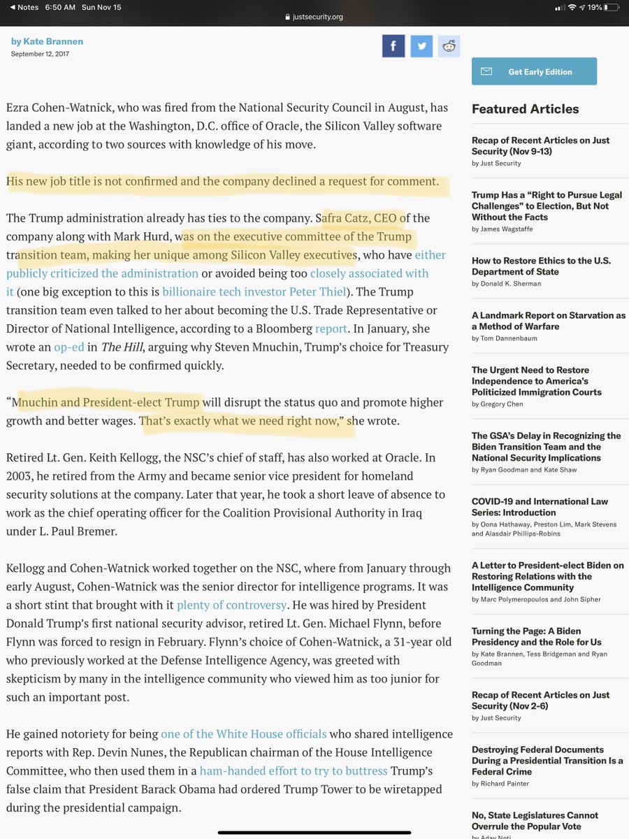 Anyway, in Sept 2017 he got a job at Oracle (???)Turns out the CEO is quite a Trump fan? https://www.justsecurity.org/44897/ousted-nsc-official-takes-job-oracle-cohen-watnick/