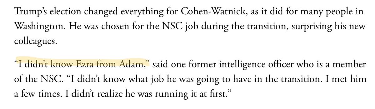 Here are a few excerpts from Atlantic in 2017 about how he got started.TL;DR:⁃Ezra was at DIA with MIKE FLYNN; at the “Farm” with MATT FLYNN⁃Michael Flynn protected him at DIA⁃Ezra/DIA hates CIA and vice versa (important)⁃Flynn gets him the job at NSC