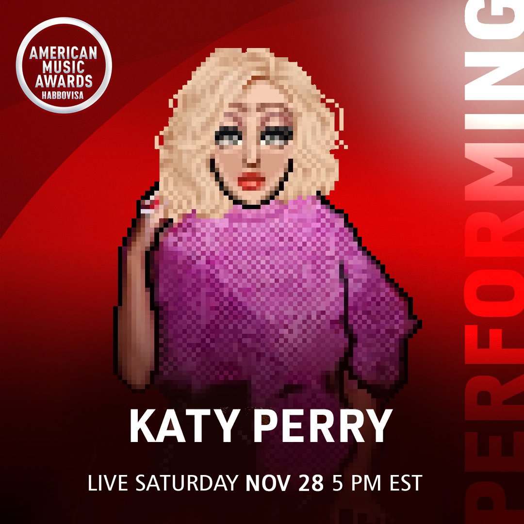HVAMAs's tweet photo. Katy Perry Habbo is returning to the #AMAsHV stage to perform for the first time in 7 YEARS! She's bringing the world premiere of "Only Love", November 28nd at 5 PM EST on Fantasy! https://t.co/Voo0Jz6Ms8