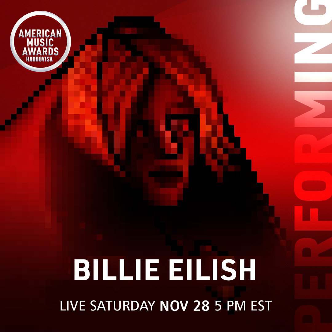 HVAMAs's tweet photo. THE WORLD PREMIERE PERFORMANCE OF 
Billie Eilish Habbo BRAND NEW SINGLE 'THEREFORE I AM' AT THE #AMAs!

→→ November 28nd at 5 PM EST on Fantasy ←← https://t.co/wDhEOXAyqe