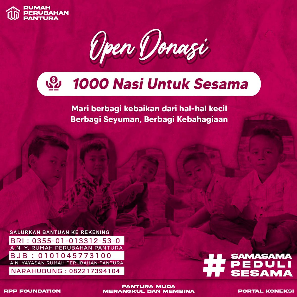 rpp_foundation's tweet photo. #OpenDonasi
1000 Nasi untuk Sesama.

Hello Folk, yuk kita donasi untuk sesama. Ayo kita berbagi sedikit rezeki yang kita punya untuk mereka yang membutuhkan. 

Karena Duka mereka adalah Luka kita dan Tawa mereka adalah Bahagia kita.

Narahubung : 082217394104 https://t.co/csjryUpotG