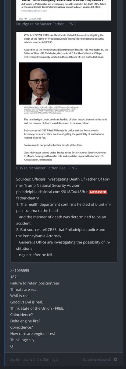 Also, a week later, on 4/18/18 Q amplifies a preposterous rumor about McMaster murdering his dad or some shit. What?