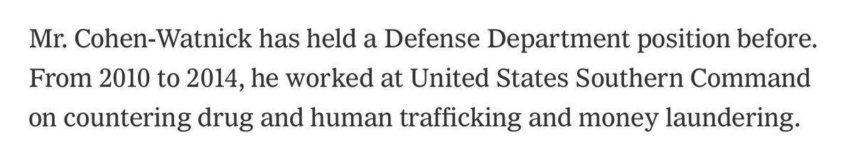 After a year and half or so of zero information about ECW’s activities, or any sign of life for that matter, he suddenly pops up here. Note his previous position in charge of human trafficking and money laundering at DoD. 