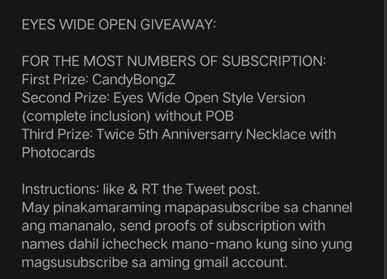 HouseAlbum's tweet photo. | EYES WIDE OPEN and CANDYBONG Z GA |
• Worldwide
• We will Shoulder LSF, 75% ISF

🍭INSTRUCTIONS ON THE PICTURE🍭
ENDS when unboxing video with announcement of winners uploaded

Tags: TWICE GIVEAWAY, EWO , EYES WIDE OPEN, POB, PH GIVEAWAY, ALBUM GIVEAWAY.

Collab:
@JohnnKlyde https://t.co/idCrkmFjBM