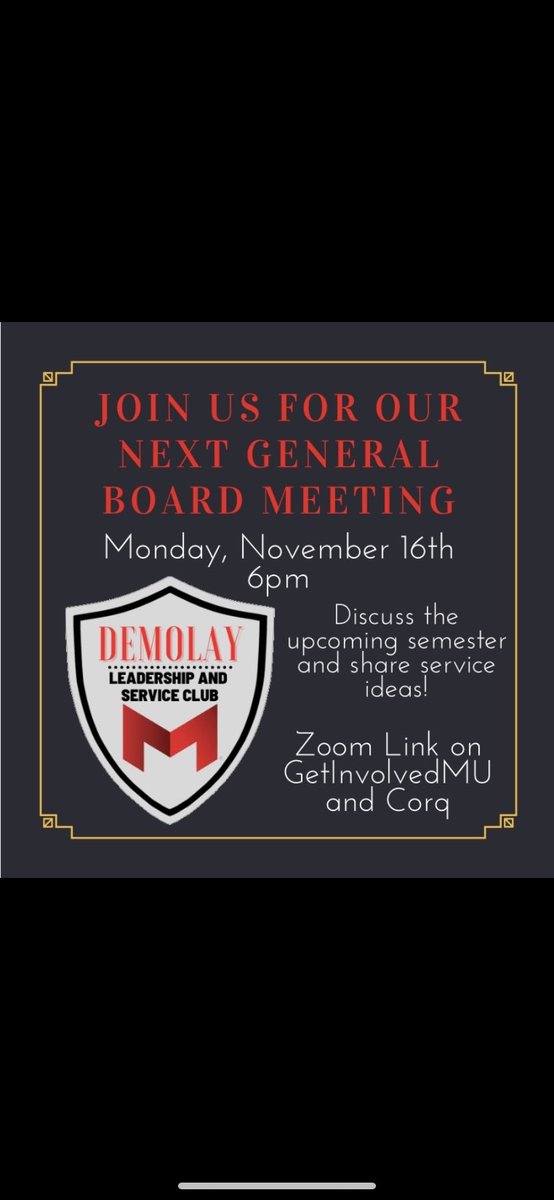 MUDeMolay's tweet photo. See you tomorrow at 6pm! We will be discussing the spring semester and sharing event ideas. It will be on Zoom! The link can be found on GetInvolvedMU and Corq. https://t.co/EYXrzxVUTU