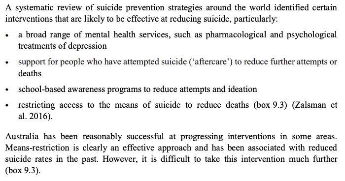 Current evidence-based suicide prevention strategies. Interesting the note that we've probably exhausted avenues in terms of the "restriction of means". /15