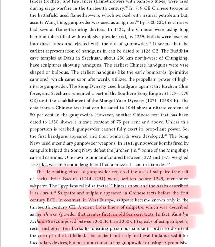 9/n Arthashastra too talks of Saltpetre as “Agnichurna“, & it’s usages. Chinese texts dating back to 7th century too acknowledge that Indians were aware of Saltpetre and its usage for producing purple flames implying that it might be used for celebrations too apart from military.