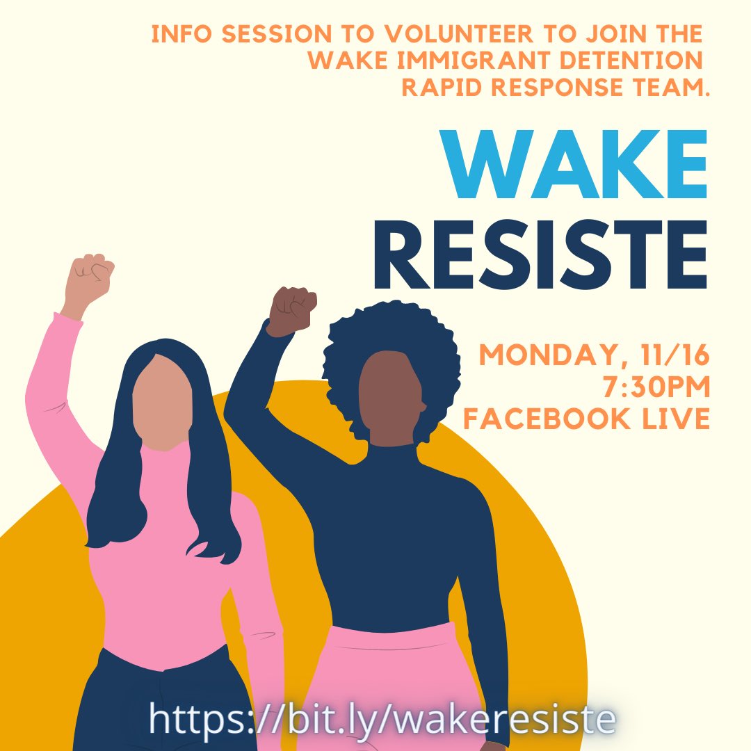 SmashRacism919's tweet photo. Wake Resiste, a local coalition working together to support those impacted by ICE, is having a volunteer drive Monday (11/16) at 7:30pm on Facebook Live. Come learn about volunteering for the Rapid Response Team! https://t.co/TtaAQrF0nX