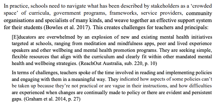 Discussion about the tendency to shift all responsibility for mental health to schools in ways that are not feasible. /4