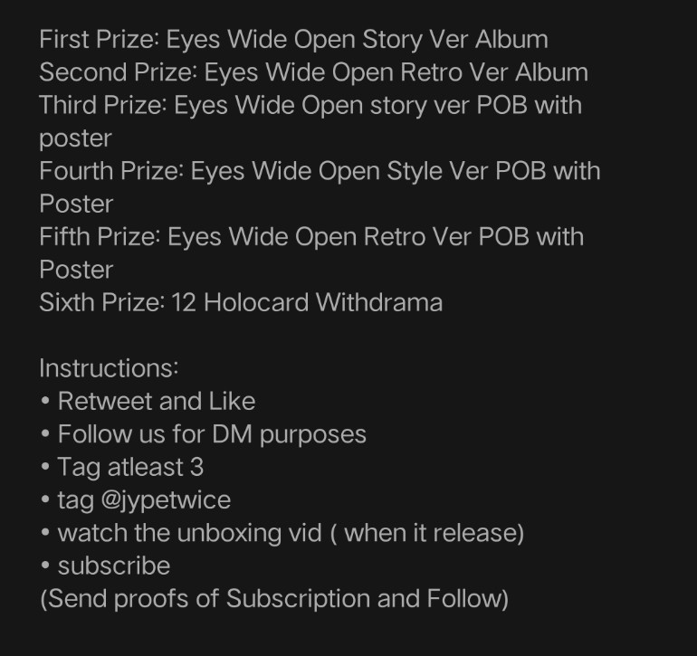 HouseAlbum's tweet photo. | EYES WIDE OPEN ALBUM GIVEAWAY |
• Worldwide
• We will Shoulder LSF, 75% ISF
Fill out forms :https://t.co/tmgfYPgGCT
YT CHANNEL: https://t.co/tfaTeVWjyE

Enter as many as you can, but no repetition of proofs

Tags: TWICE GIVEAWAY, EWO , EYES WIDE OPEN, POB, ALBUM GIVEAWAY. https://t.co/eP9AIA2iQm