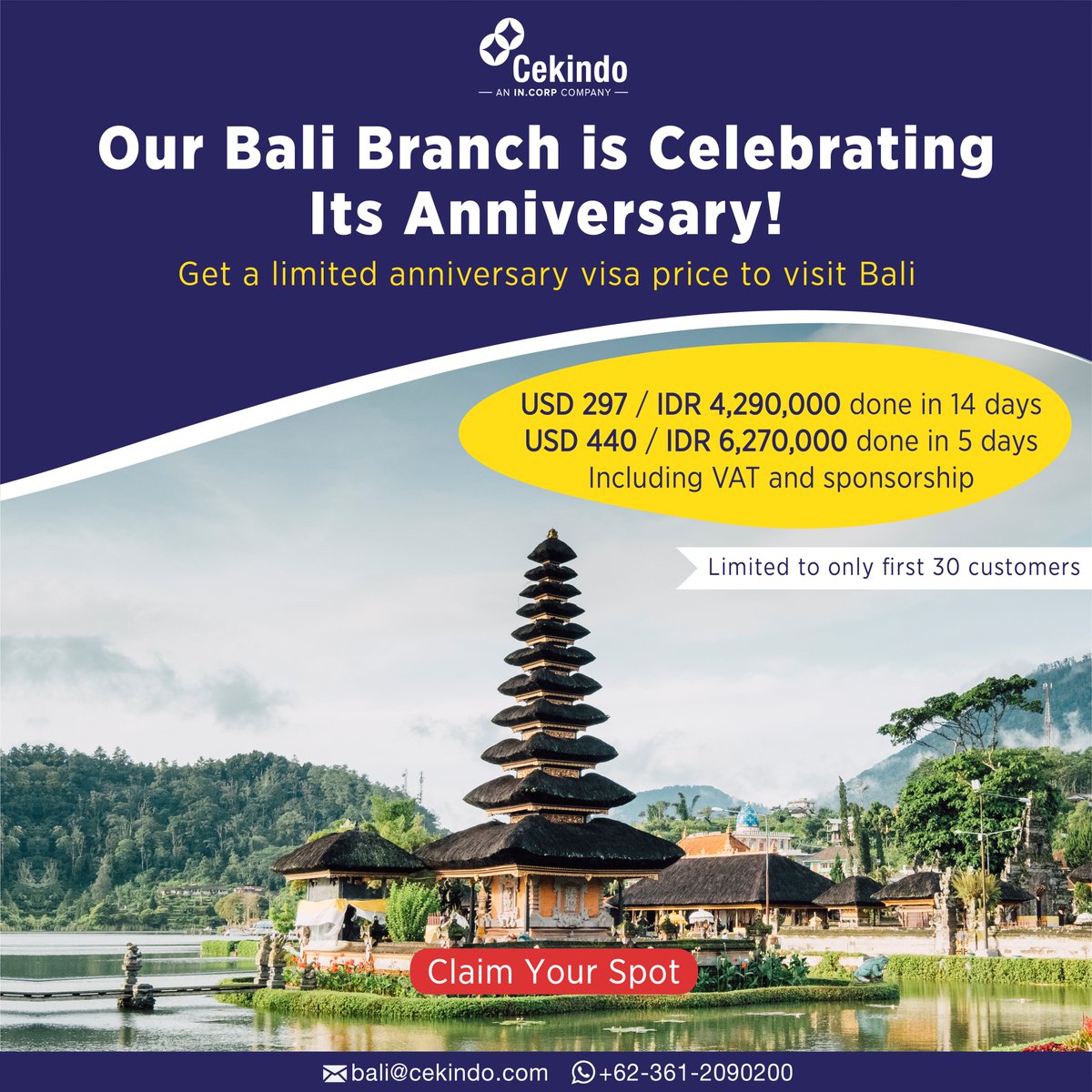 Cekindo's tweet photo. In order to celebrate our Bali Branch Anniversary, we are giving SPECIAL PROMO for visa application to Bali 🥳

Be the first 30 applicants to enjoy the special price!

#cekindo #bali #visa #visapromo #travel #celebrate #anniversary #Indonesia https://t.co/sddkio3nQk