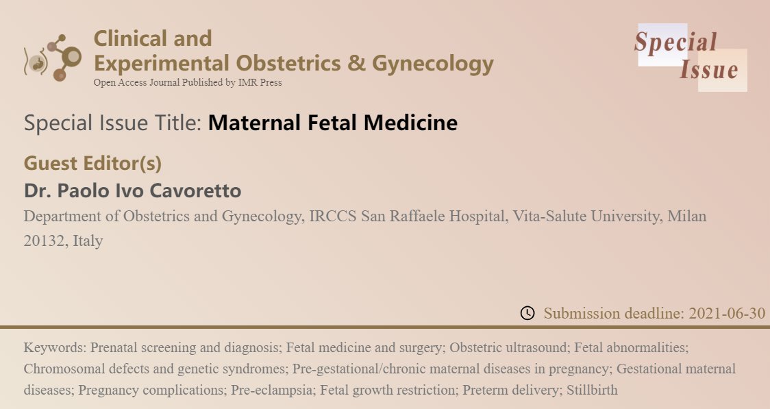CEOGjournal's tweet photo. #CEOGJournal #ClinicalandExperimentalObstetricsandGynecology
#Obstetrics
Special Issue "Maternal Fetal Medicine" edited by Dr. Paolo Ivo Cavoretto is opening for submission!🥳
👉https://t.co/Cdbf4c1AeN https://t.co/guBHB0adJi