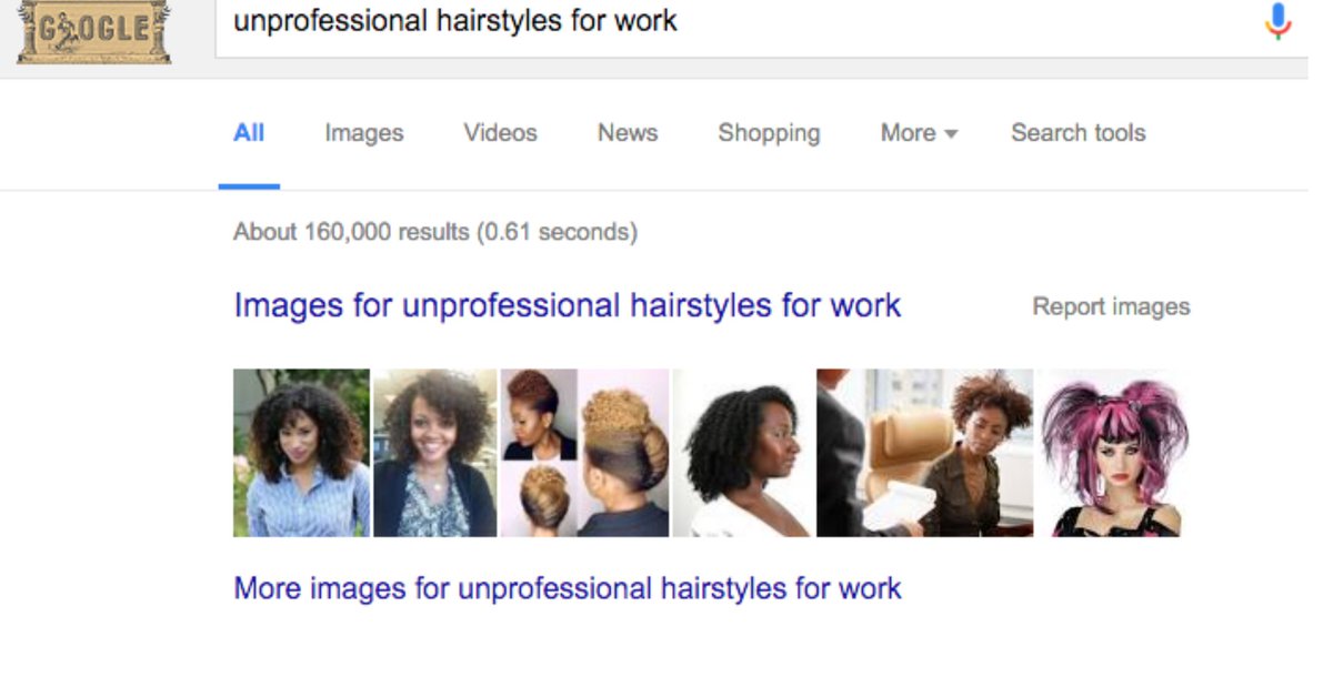 northfeifei's tweet photo. @Caterina_jingyu I was reading the article one day and the author was saying that when search professional hairstyle on Google image,  the results tend to portray black women as being 'unprofessional'...#what does it mean to say an algorithm is racist? #arin2610 https://t.co/T5hWLdjfMK