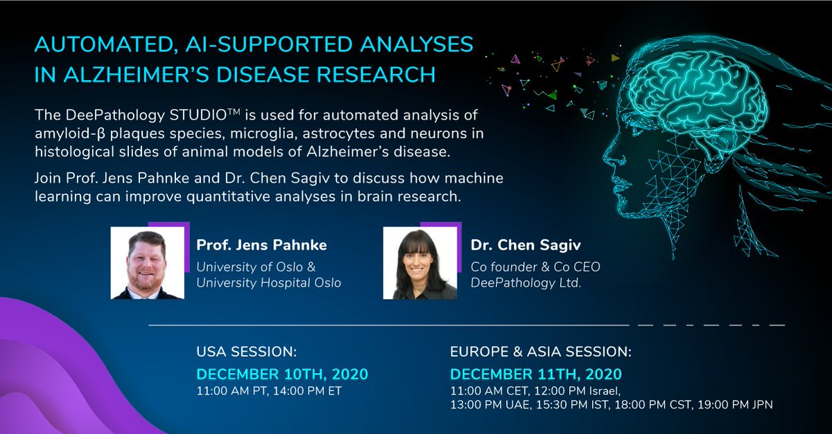 We invite you to our webinar with Prof. Jens Pahnke on automated AI analysis for Alzheimer's disease research.

Join our USA session on December 10th: 
zoom.us/webinar/regist…
or Europe &amp; Asia session on December 11th:
zoom.us/webinar/regist…