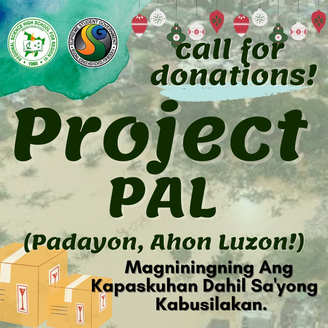 RSHSVIBulletin's tweet photo. The Supreme Student Government of Regional Science High School for Region VI would like to raise a donation drive entitled "PROJECT PAL (Padayon, Ahon Luzon! )" dedicated to those who are victims of Typhoon Ulysses.

CALL FOR DONATIONS! https://t.co/sDQ7GU9riS