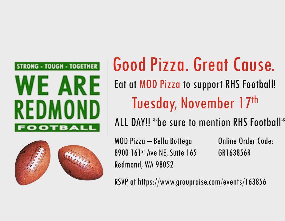 Take a break from cooking Tuesday, get take out from MOD Pizza and support Redmond Football! 🐎🏈 #gostangs