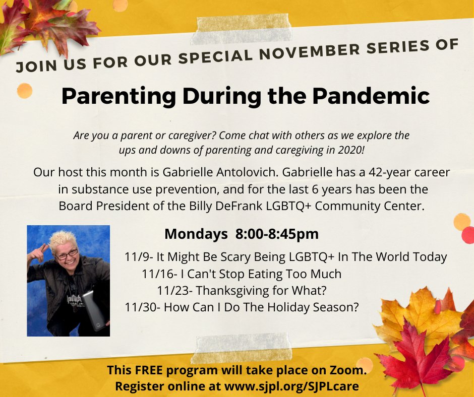 San José Public Library Foundation (@sjplf) on Twitter photo Join <a href="/sanjoselibrary/">San Jose Public Library</a> Mondays at 8pm for Parenting During the Pandemic, feat. this month's guest host Gabrielle Antolovich of the <a href="/billydefrank/">Billy DeFrank</a> LGBTQ+ Community Center. Register: sjpl.org/sjplcare #caregivercafe #wellness #parenting #COVID19 #righttolibrary #sjpl #sjplcares Join <a href="/sanjoselibrary/">San Jose Public Library</a> Mondays at 8pm for Parenting During the Pandemic, feat. this month's guest host Gabrielle Antolovich of the <a href="/billydefrank/">Billy DeFrank</a> LGBTQ+ Community Center. Register: sjpl.org/sjplcare #caregivercafe #wellness #parenting #COVID19 #righttolibrary #sjpl #sjplcares
